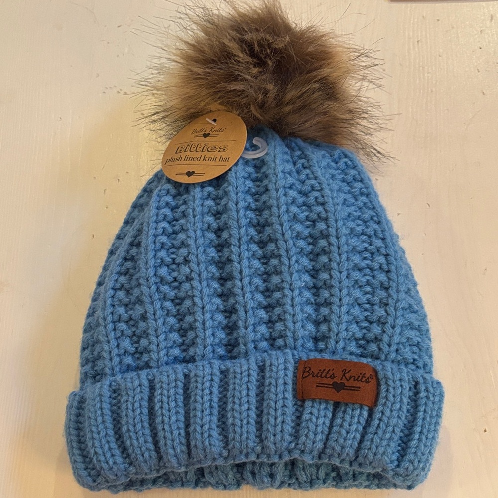 Butts Knits Blue Kids Beanie with Faux Fur Pom
